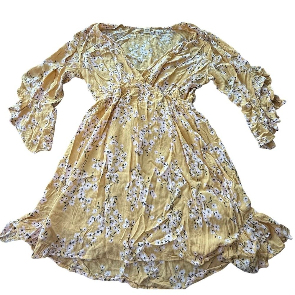 Billabong Floral Boho Mini Dress Yellow Ruffle Hem Long Sleeve M - Picture 2 of 10